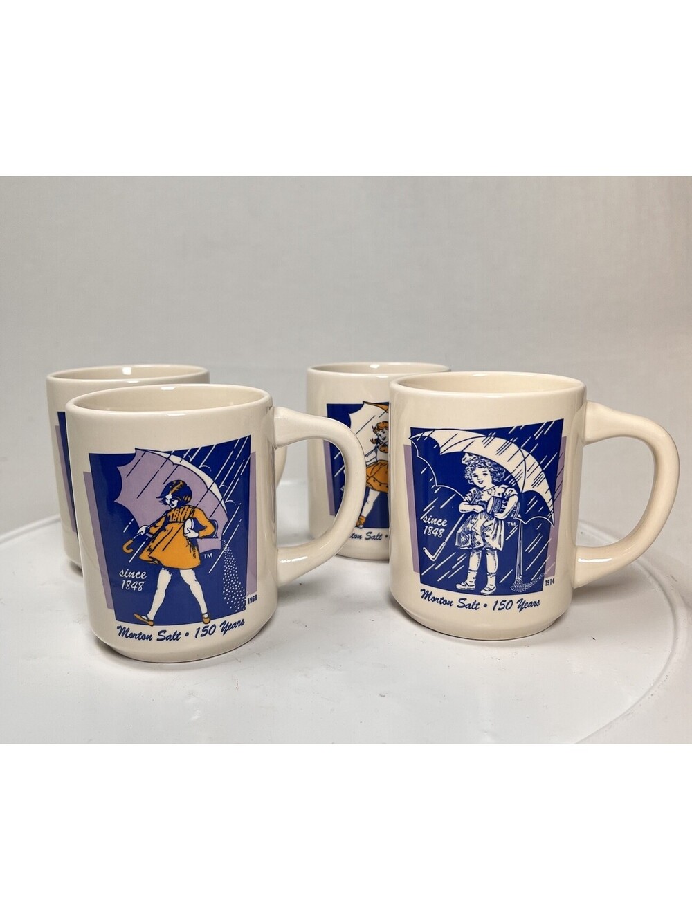 4 Vintage Morton Salt Advertising Coffee Cups Mugs When it Rains it Pours.